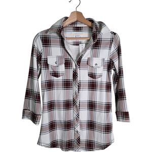 Market & Spruce Balsman Plaid Button Down Shirt White Brown XS NWT